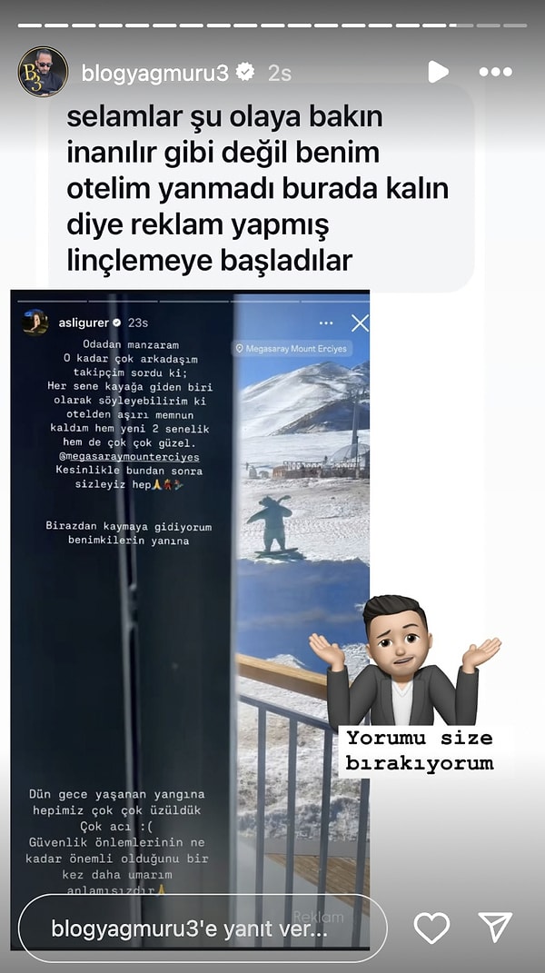 Ünlü fenomenin "@blogyagmuru3" hesabının paylaşımıyla vicdan sorgulatan bir paylaşım yaptığı ortaya çıktı. Milyonlar faciaya yol açan yangının etkisindeyken Aslı Gürer'in Kayseri Erciyes'teki bir otelin reklamını yapması görenleri dumura uğrattı!