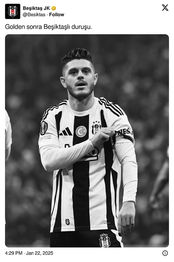 Beşiktaş'tan da bir tepki geldi. Siyah-beyazlı kulüp, Athletic'e karşı gol kaydeden Rashica'nın fotoğrafını paylaşarak "Golden sonra Beşiktaşlı duruşu." dedi.