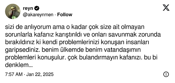 "Benim ülkemde benim vatandaşımın problemleri konuşulur. Çok bulandırmayın kafanızı. Bu bir denklem değil. İki artı iki dörttür. Beş diyenin kafasını s****." dedi.