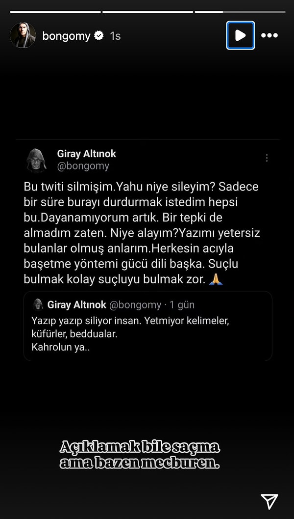 Tweet'i silmediğini söyleyen Giray Altınok son paylaşımında "Suçlu bulmak kolay, suçluyu bulmak zor" diyerek, X hesabını sadece dondurduğunu belirtti.