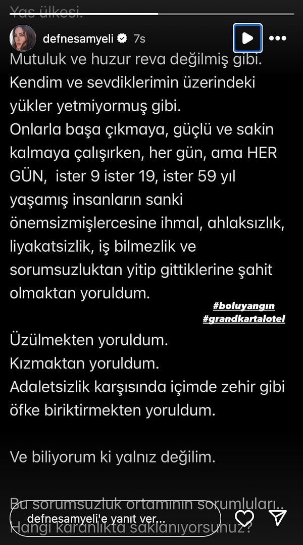 Defne Samyeli'nin "İnsanların sanki önemsizmişlercesine ihmal, ahlaksızlık, liyakatsizlik, iş bilmezlik ve sorumsuzluktan yitip gittiklerine şahit olmaktan yoruldum" tepkisi gecikmedi.