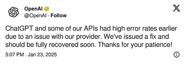 OpenAI X hesabından açıklama yapıldı.