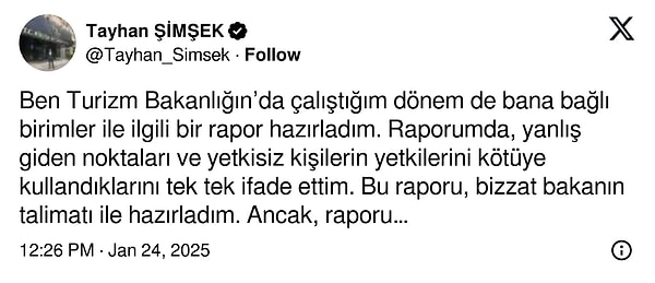 Kurumların içi liyakatsizlikle boşaltıldı. İş bilmeyen kişiler, eş, dost, akraba kıyağıyla önemli görevlere getirildi; yaptıkları yolsuzluklara da gözler kapatıldı. Kültür ve Turizm Bakanlığı'nda bir süre genel müdür olarak görev yapan Tayhan Şimşek, hazırladığı bir yolsuzluk raporu sonrası başına gelenleri anlattı.