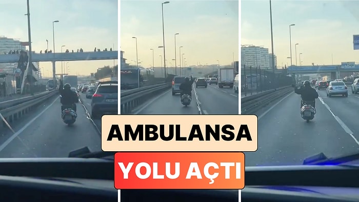 İstabul'da Bir Motosiklet Sürücüsü Trafikte Sıkışan Ambulans İçin Diğer Sürücülere İşaret Ederek Yolu Açtı