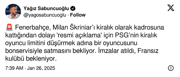 Yağız Sabuncuoğlu, "imzalar atıldı" derken PSG'nin beklendiğini ifade etti👇