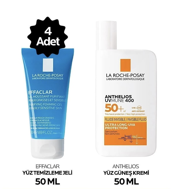 7. La Roche Posay Güneş Cilt Bakım Seti: Effaclar Yüz Temizleme Jeli x4 50ml & Anthelios SPF50+ Güneş Kremi 50ml