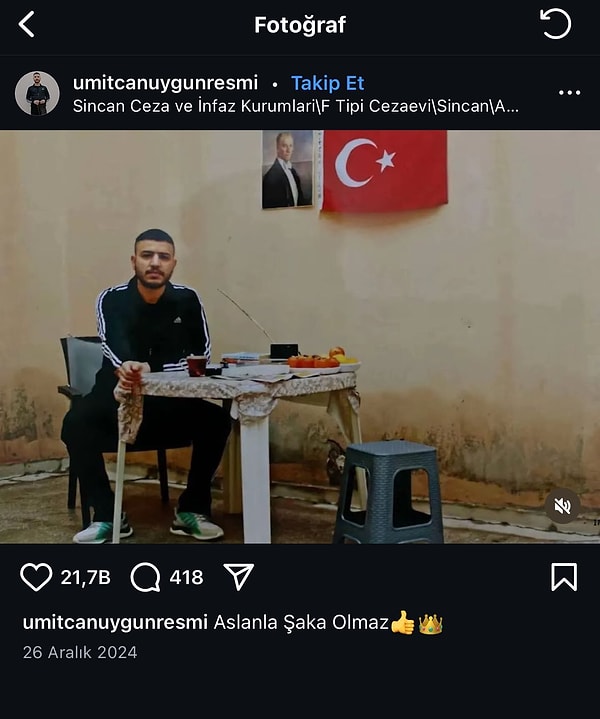 İlgili hesaptan geçtiğimiz Aralık ayında Ümitcan Uygun'un cezaevindeki bu fotoğrafı paylaşıldı.