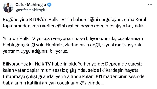 Mahiroğlu'nun paylaşımında aşağıdaki ifadeler yer aldı: