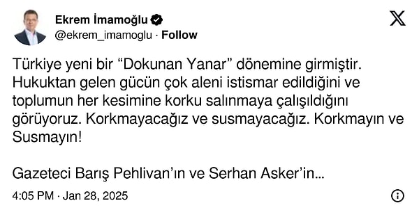 Ekrem İmamoğlu'nun paylaşımı