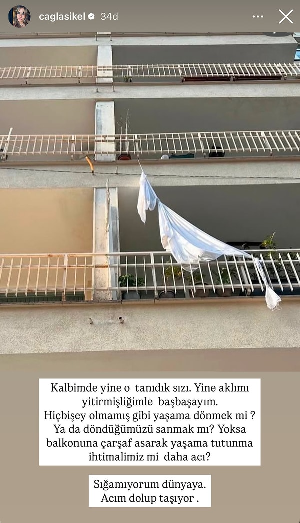 Çağla Şıkel'in sosyal medya paylaşımı ise yaşanan üzücü olaya göndermede bulunuyordu. Şıkel, 'Sığamıyorum dünyaya, acım dolup taşıyor!' diyerek bu görseli paylaştı.👇