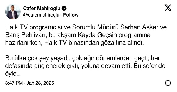 Halk TV'nin sahibi Cafer Mahiroğlu da bu haberi X hesabından duyurmuştu.