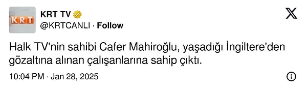 Yurt dışında bulunan Cafer Mahiroğlu'na ve verdiği desteğe, KRT TV'nin resmi X hesabından göndermeli bir cevap geldi.