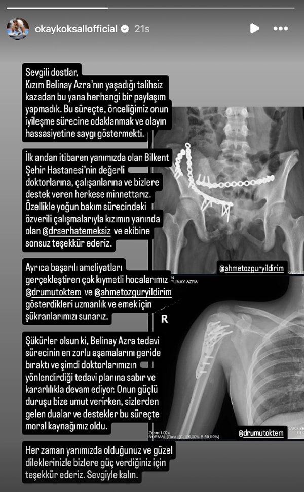 "Onun güçlü duruşu bize umut verirken, sizlerden gelen dualar ve destekler bu süreçte moral kaynağımız oldu. Her zaman yanımızda olduğunuz ve güzel dileklerinizle bizlere güç verdiğiniz için teşekkür ederiz. Sevgiyle kalın."