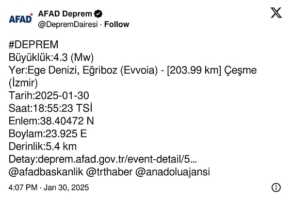 İşte, AFAD'ın deprem duyurusu 👇