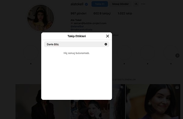 Çünkü ikili birbirlerini Instagram’da takip etmeyi bıraktı! Ne Danla Bilic Ala Tokel'i takip ediyor artık, ne Ala Tokel Danla Bilic'i.