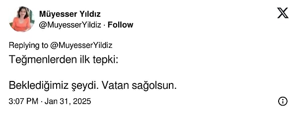 Yıldız'ın paylaşımına göre teğmenlerin karara ilk tepkisi "Beklediğimiz şeydi. Vatan sağ olsun" oldu. Öte yandan Yıldız, teğmenlerin hukuki haklarını sonuna kadar kullanacaklarını belirtti.