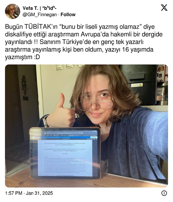 Türeli, 16 yaşında yazdığı araştırmanın TÜBİTAK tarafından "Bunu bir liseli yazmış olamaz" gerekçesiyle diskalifiye edildiğini ileri sürdü. TÜBİTAK'ın reddettiği bu araştırma, Avrupa'da hakemli bir dergide yayımlandı.