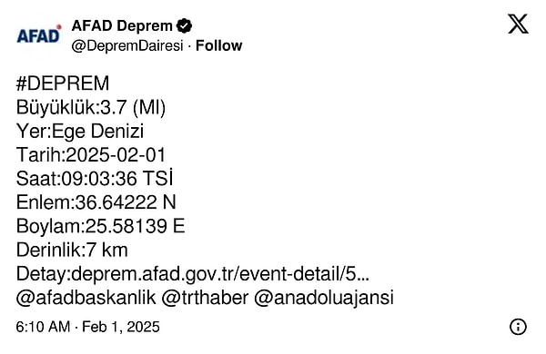 AFAD, üçüncü depremin büyüklüğünü 3.7 olarak açıkladı. Bu deprem ise saat 09:03’te Ege Denizi’ni salladı. Üç deprem de yerin 7 kilometre derinliğinde gerçekleşti.