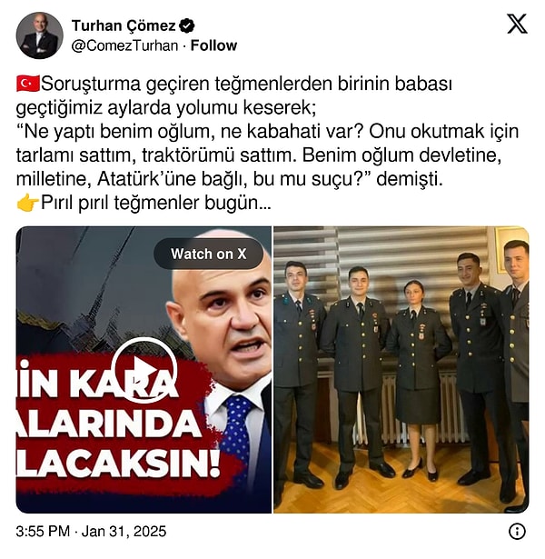 İYİ Parti Balıkesir Milletvekili Turhan Çömez, geçen aylarda Sözcü TV yayınına katıldığı anları paylaştı. Çömez, teğmenlerden birisinin babasıyla yaşadığı diyaloğu anlattı.