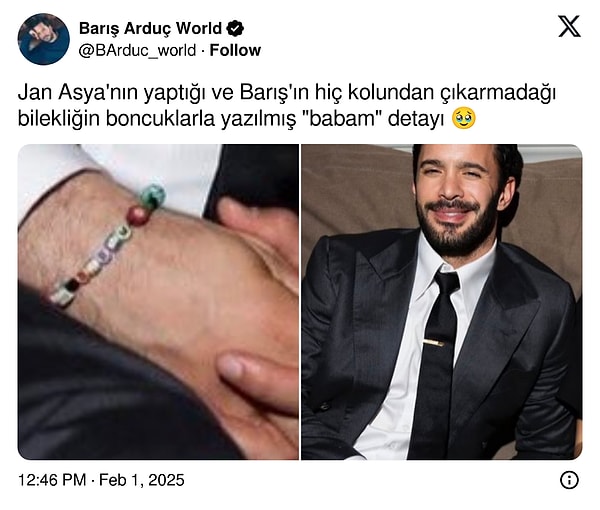 Twitter’da bir kullanıcının yaptığı paylaşıma göre bu bileklik Arduç’un kızı Jan Asya tarafından özel olarak yapıldı. En duygusal detay ise bileklikte boncuklarla yazılmış “Babam” kelimesiydi.