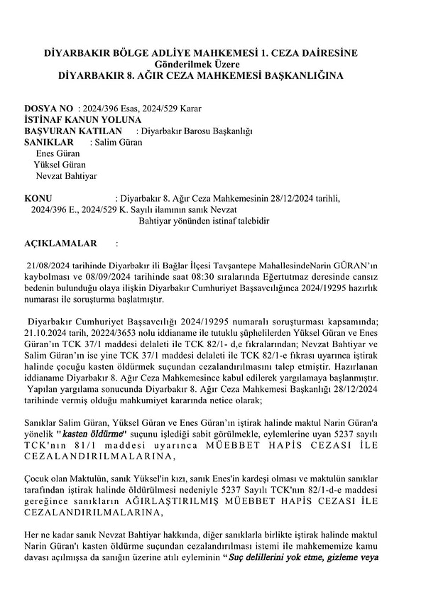 Yargılama aşamasında dosyada katılan sıfatıyla yer alan Diyarbakır Barosu, Nevzat Bahtiyar’ın ağırlaştırılmış müebbet hapis cezası alması için istinaf mahkemesine başvuruda bulundu.