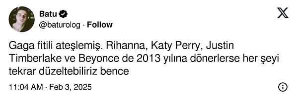 @baturolog isimli bir hesap ise Lady Gaga'nın yeni şarkısındaki enerjisini 2013 yılına benzetti. Gaga ile aynı dönemlerde yıldızı parlayan birçok şarkıcının da eski 'hype'ına dönmesini istedi.👇