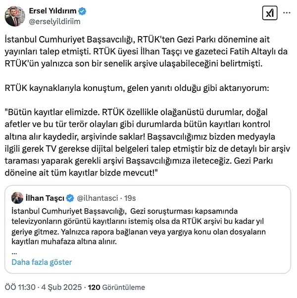 "Bütün kayıtlar elimizde. RTÜK özellikle olağanüstü durumlar, doğal afetler ve bu tür terör olayları gibi durumlarda bütün kayıtları kontrol altına alır kaydeder, arşivinde saklar!"