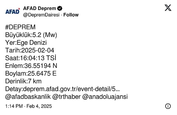 AFAD, Ege Denizi'nde meydana gelen depremin büyüklüğünü 5.2 olarak açıkladı.