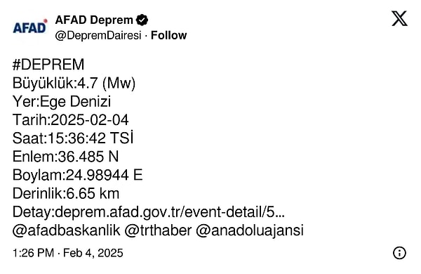 AFAD, 5.2 büyüklüğündeki depremden önce 4.7 büyüklüğünde başka bir deprem daha yaşandığını paylaştı.