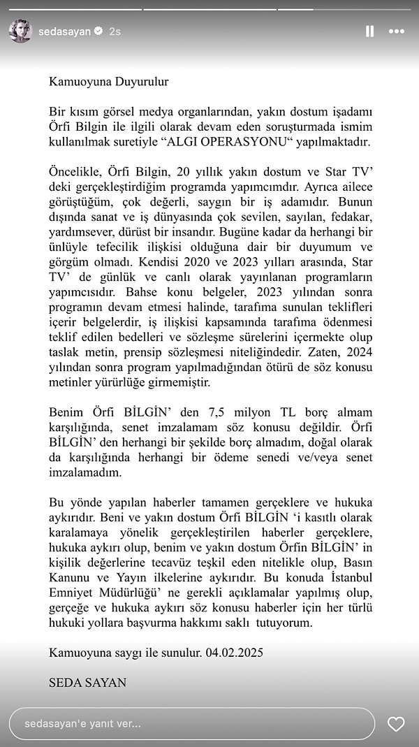 Yapılan haberlerin bir algı operasyonu olduğunu dile getiren Seda Sayan gerçeği de yansıtmadığını ifade etti.