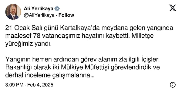 Bakan Ali Yerlikaya’nın paylaşımı 👇