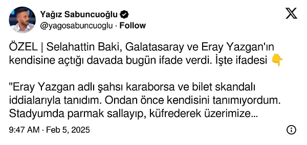 Baki'nin ifadesini Yağız Sabuncuoğlu paylaştı 👇