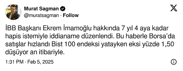 Ekonomist Murat Sagman, X hesabından yaptığı paylaşımda “Bu haberle Borsa’da satışlar hızlandı Bist 100 endeksi yatayken eksi yüzde 1,50 düşüyor an itibariyle” dedi.