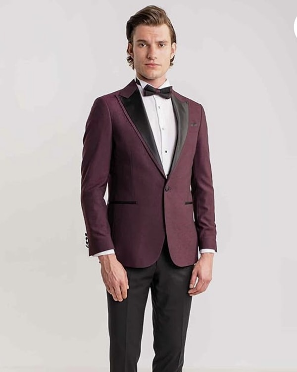 Dufy Bordo Erkek Modern Fit Çizgili Mono Yaka Smokin Takım