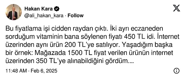 "Mağazada 1500 TL fiyat verilen ürünün internet üzerinden 350 TL’ye alınabildiğini gördüm" diyen Prof. Dr. Kara, "Bu fiyatlama işi cidden raydan çıktı" sözleriyle tepki gösterdi.