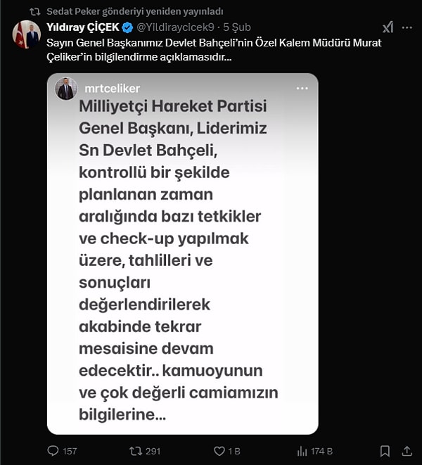 Sedat Peker'in kişisel hesabından, MHP lideri Bahçeli için yapılan geçmiş olsun dileklerini birçok defa yeniden paylaştığı görüldü.