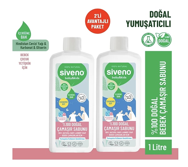 8. Siveno %100 Doğal Bebek Çamaşır Sabunu Kendinden Yumuşatıcılı Bitkisel Deterjan Vegan 1000 ml X2 Adet