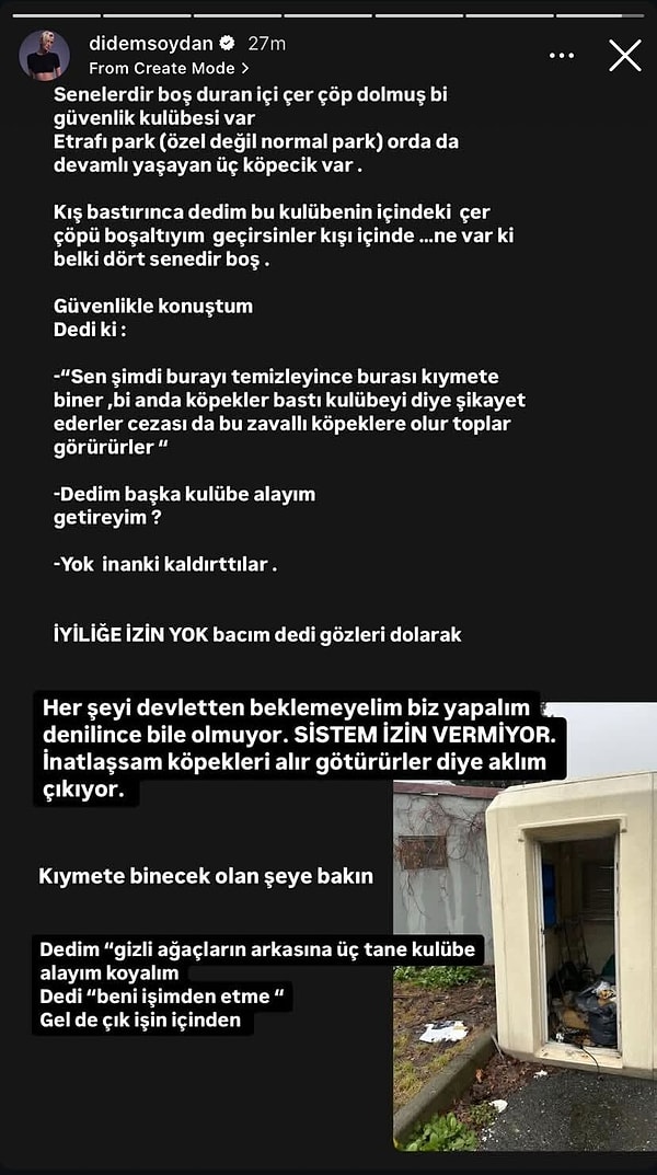 Ünlü manken, yaşadığı bölgedeki köpeklere tabiri caizse 'sıcak bir yuva' oluşturmak istedi. Çöplüğe dönmüş kulübeyi yenileme isteğini güvenlikle paylaşan Soydan, aldığı yanıtı işte böyle paylaştı👇