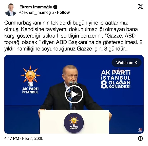 Erdoğan'ın sözlerine İmamoğlu'ndan jet yanıt geldi. Sosyal medya hesabından paylaşım yapan İmamoğlu, şunları dedi: