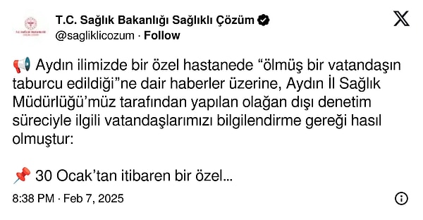 "İnceleme devam etmekte olup süreçle ilgili gerekli bilgilendirmeler yapılacaktır."