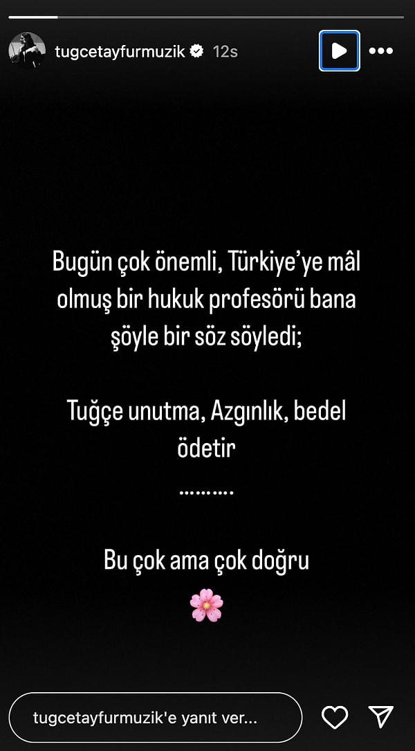 Ferdi Tayfur'un yeğeni Şirin Gözalıcı'nın vasiyeti açıklamasının üzerine sitem dolu sözlerini eksik etmeyen Tuğçe Tayfur "Bugün çok önemli, Türkiye'ye mâl olmuş bir hukuk profesörü bana şöyle bir söz söyledi; Tuğçe unutma azgınlık bedel ödetir.' Bu çok doğru" ifadelerini kullandı.