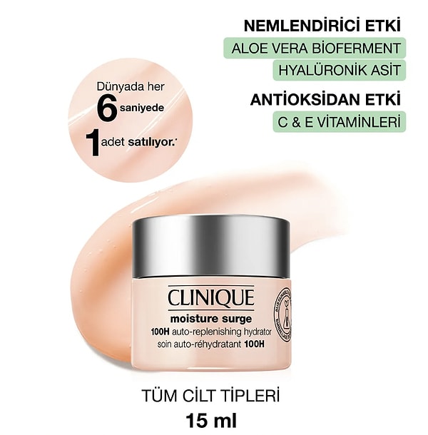 8. Clinique Moisture Surge™ 100 Saat Etkili Nemlendirici Yüz Kremi 15ml | Aloe Vera Bioferment, Hyalüronik Asit