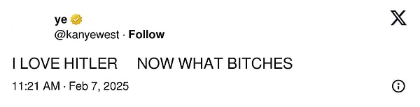 Elon Musk'ın aklındaki fikri çaldığını söyleyen West, daha sonra "Hitler'i seviyorum" paylaşımında bulundu.