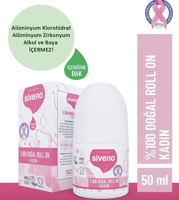 9. Siveno %100 Doğal Roll-on Kadın Deodorant Ter Kokusu Önleyici Bitkisel Leke Bırakmayan Vegan 50 ml