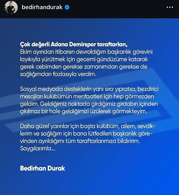 Bedirhan Durak'ın sosyal medya hesabından yaptığı açıklama 👇