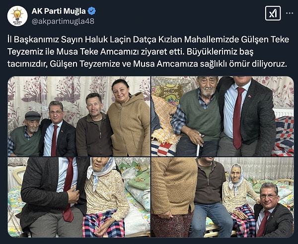 AK Partili Muğla İl Başkanı Haluk Laçin, Datça’da yaşlı çiftin evine ziyarette bulundu. AK Parti Muğla İl Başkanlığı’nın ‘@akpartimugla48’ isimli X hesabından paylaşılan ziyaret fotoğrafları oldukça eleştirildi.