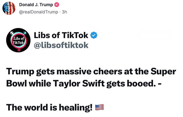 Ardından aşırı sağcı olduğu bilinen TikTok hesabı Libs'in "Trump dev bir tezahürat toplarken Taylor Swift yuhalanıyor ve dünya iyileşiyor!" tweet'ini paylaştı.