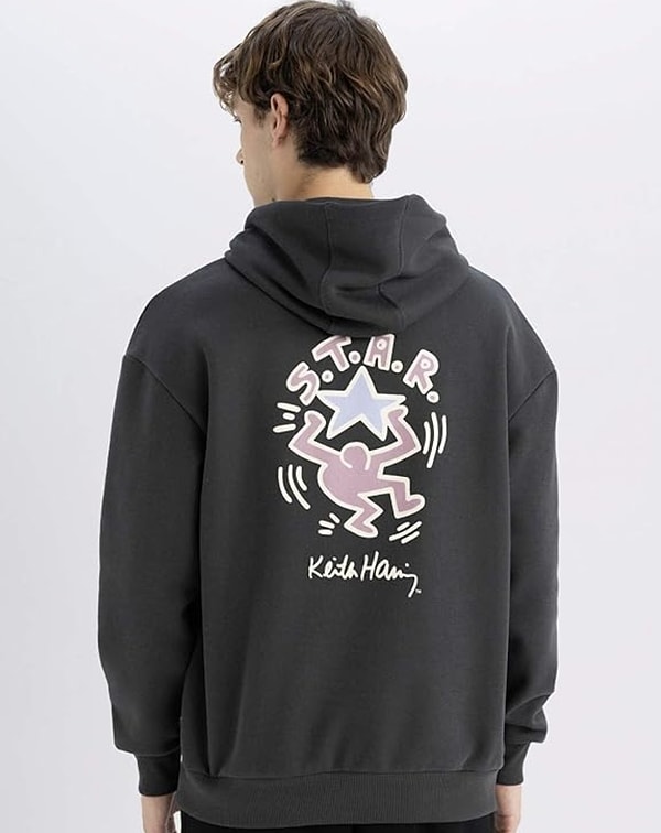 DeFacto Erkek Antrasit Lisanlı Keith Haring Boxy Fit Kapüşonlu Sırt Baskılı Sweatshirt