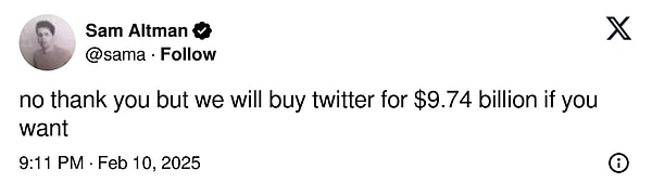 "Hayır, teşekkürler. Ama istersen Twitter'ı 9.74 milyar dolara satın alabiliriz."