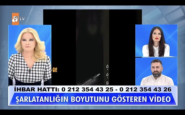 Yayında Müge Anlı ekibinin bulduğu büyü görüntüleri ekrana getirildi. Müge Anlı, üfürükçünün üç harfli çıkarmaya çalıştığı videosunu göstererek "Söyledikleri komedi." dedi.